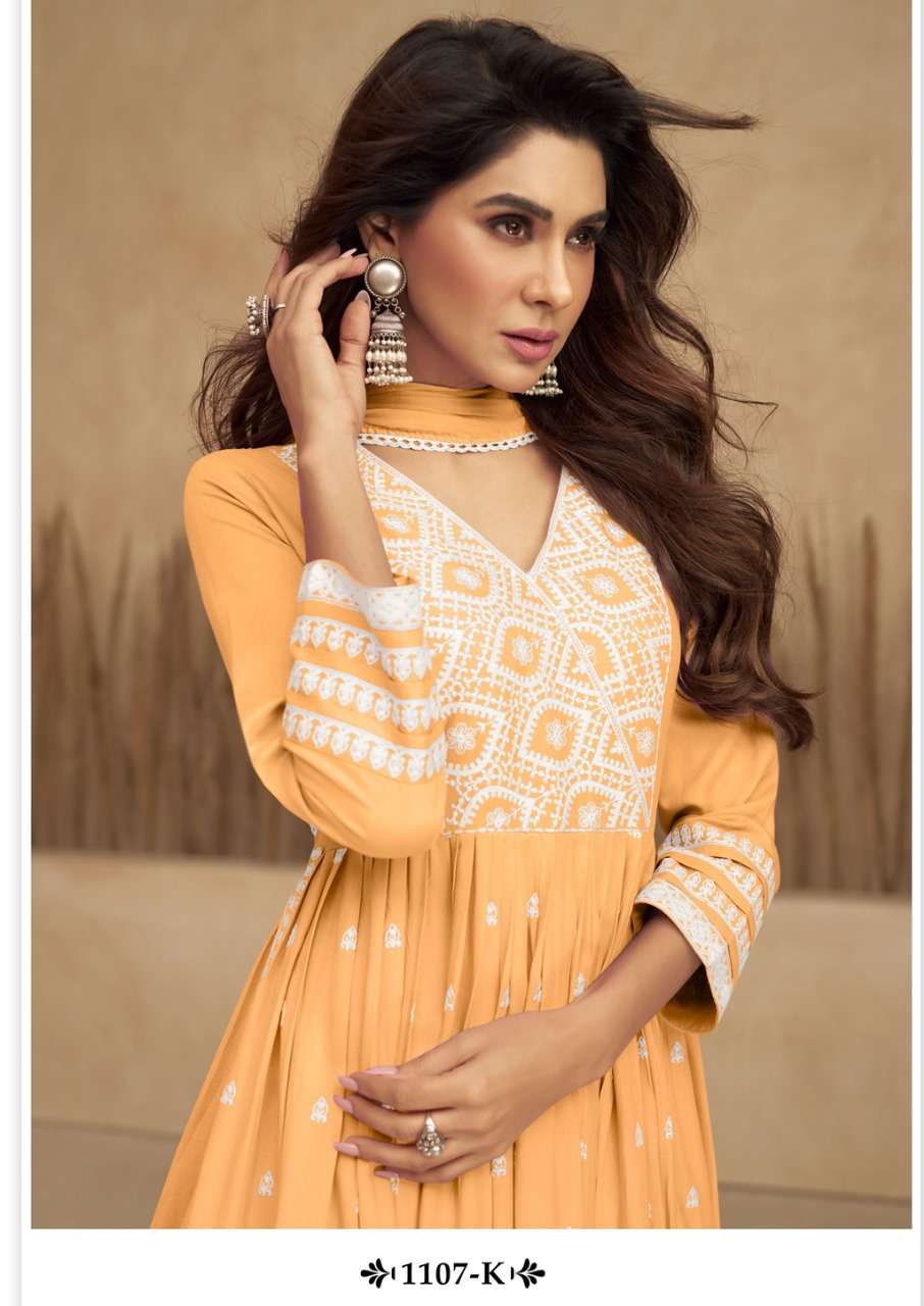 AADHRA VOL 5 LIGHT COLOR PURE RAYON LAKHNAWI WORK NAYRA CUT KURTI WITH COTTON PLAZZO AND DUPATTA BY S3FOREVER BRAND 1107 K C